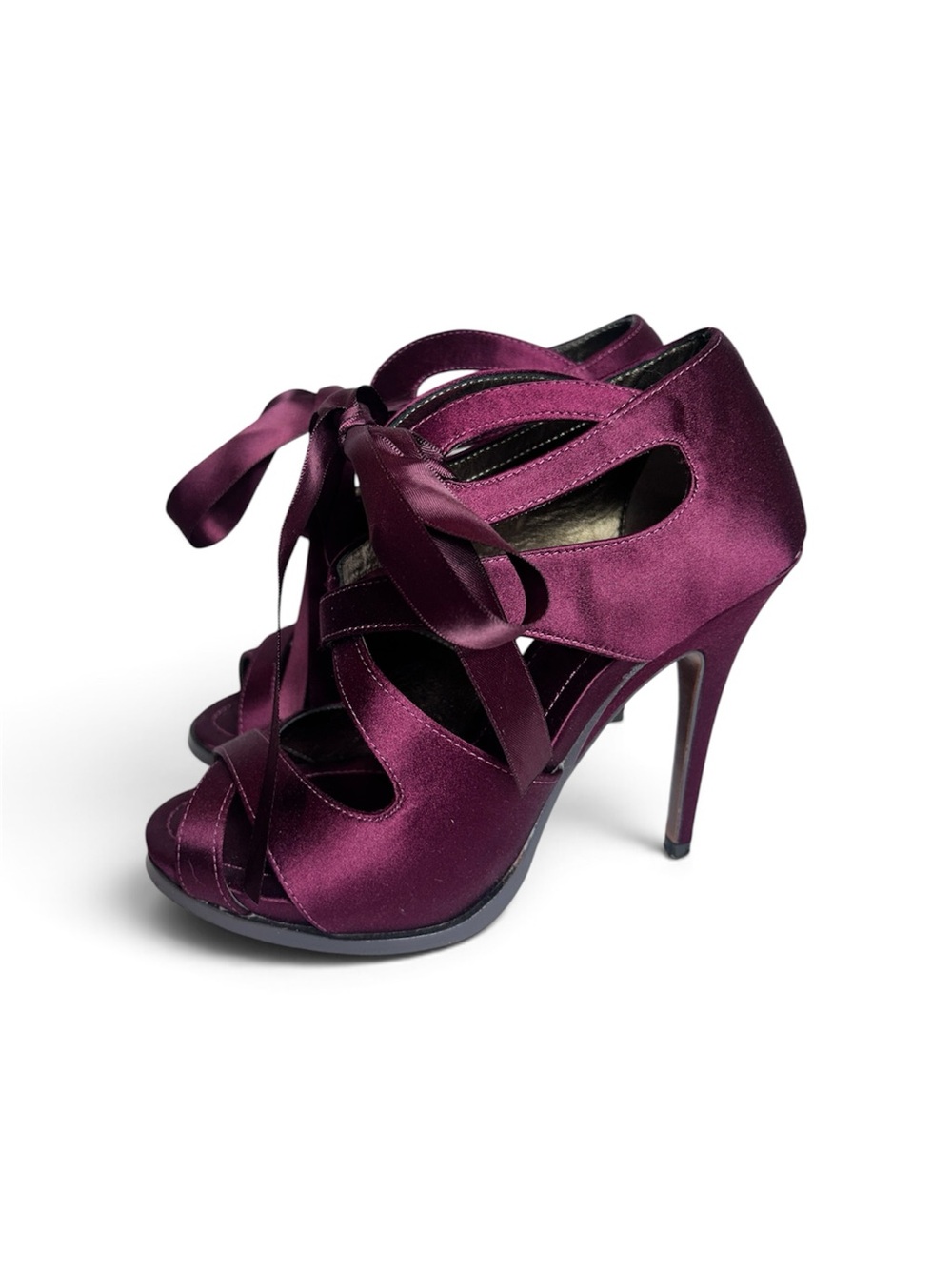 Leon Max Satin Peep-Toe Lace-Up High Heels in Plum
